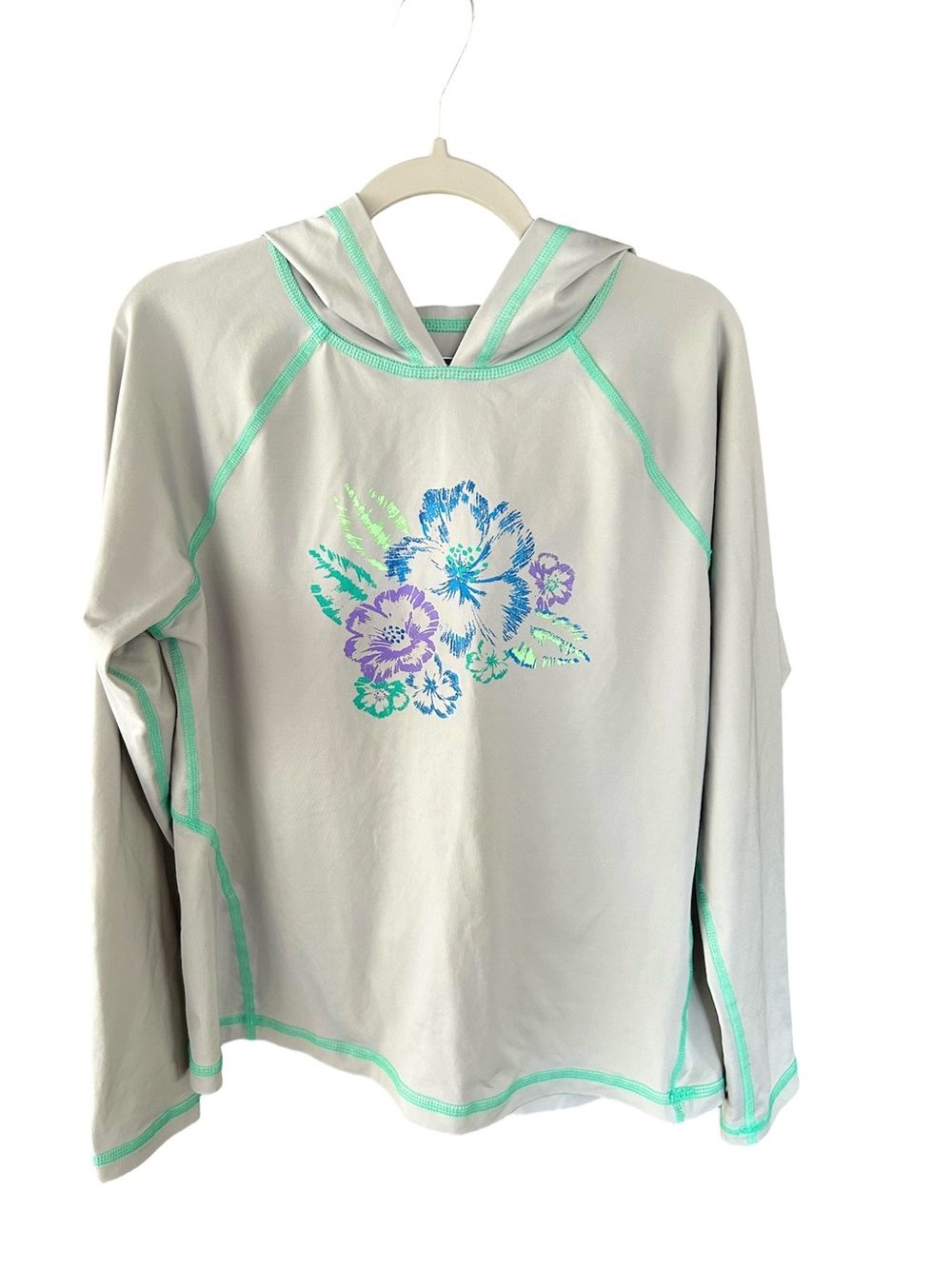 REI Light Gray Activewear LS Hoodie Flat Seam Stitching Floral Graphic L 14/16